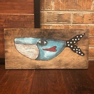 Whimsical hand painted small plaque of whale